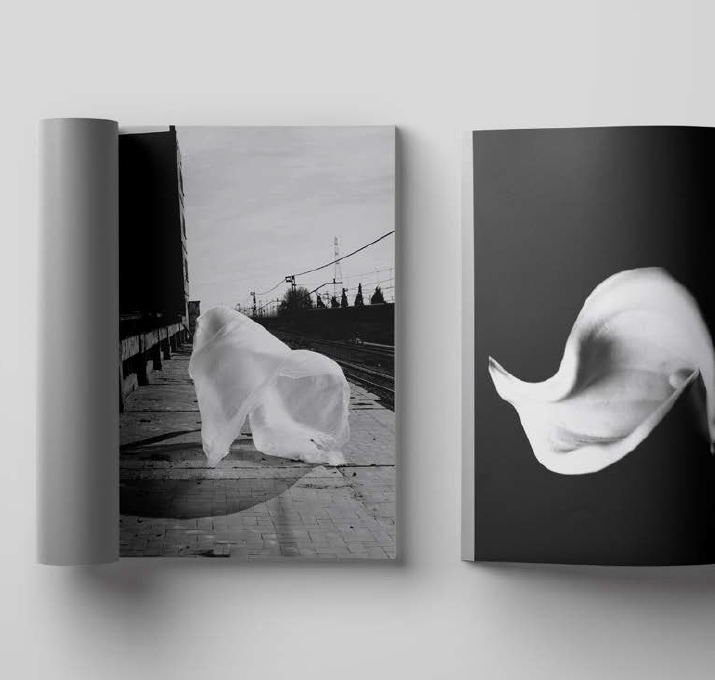 Fotolibro abierto con una flor blanca y un paisaje en blanco y negro
