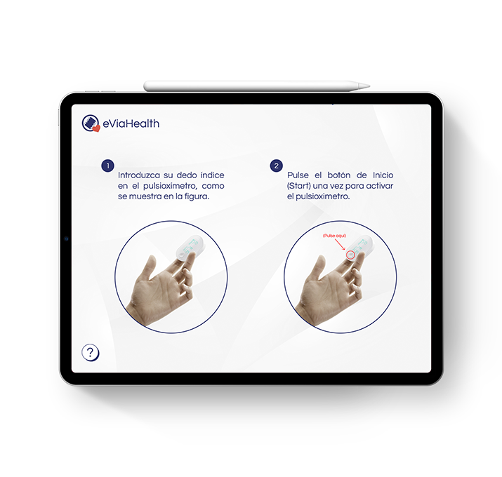 Pantalla de eViaHealth con las instrucciones ilustradas para usar el pulsioxímetro