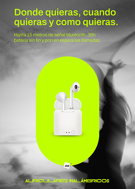 Cartel de NK Headphones con el lema «Donde quieras, cuando quieras y como quieras»