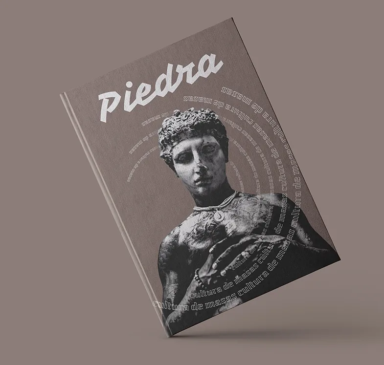 Portada de la revista Piedra con un busto clásico sobre fondo marrón