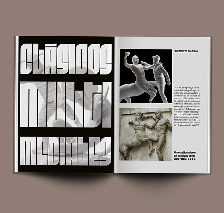 Doble página de la revista Piedra con titular tipográfico en blanco y negro y esculturas clásicas