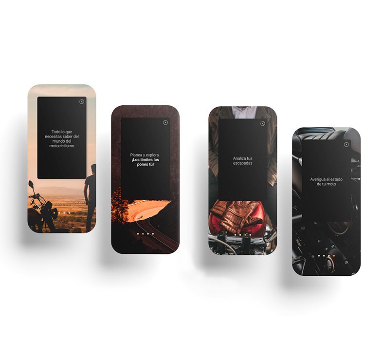 Pantallas de bienvenida de la app Ruteando con fotografías de motos y paisajes
