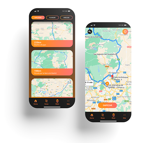 Pantallas de rutas y mapa de la app Ruteando
