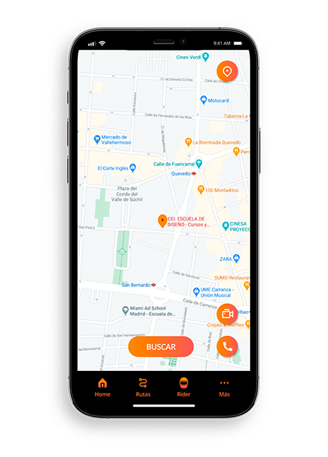 Pantalla de localización en vivo de Ruteando con botón de llamada de emergencia