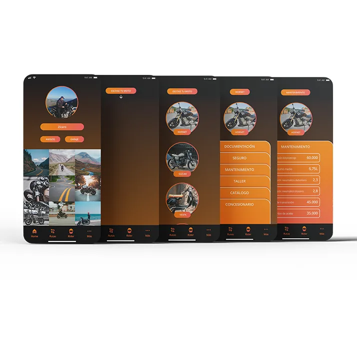 Pantallas de perfil y garaje de motos de la app Ruteando