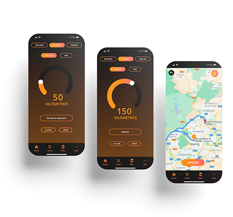 Pantallas de rendimiento por kilómetros y mapa de ruta de la app Ruteando