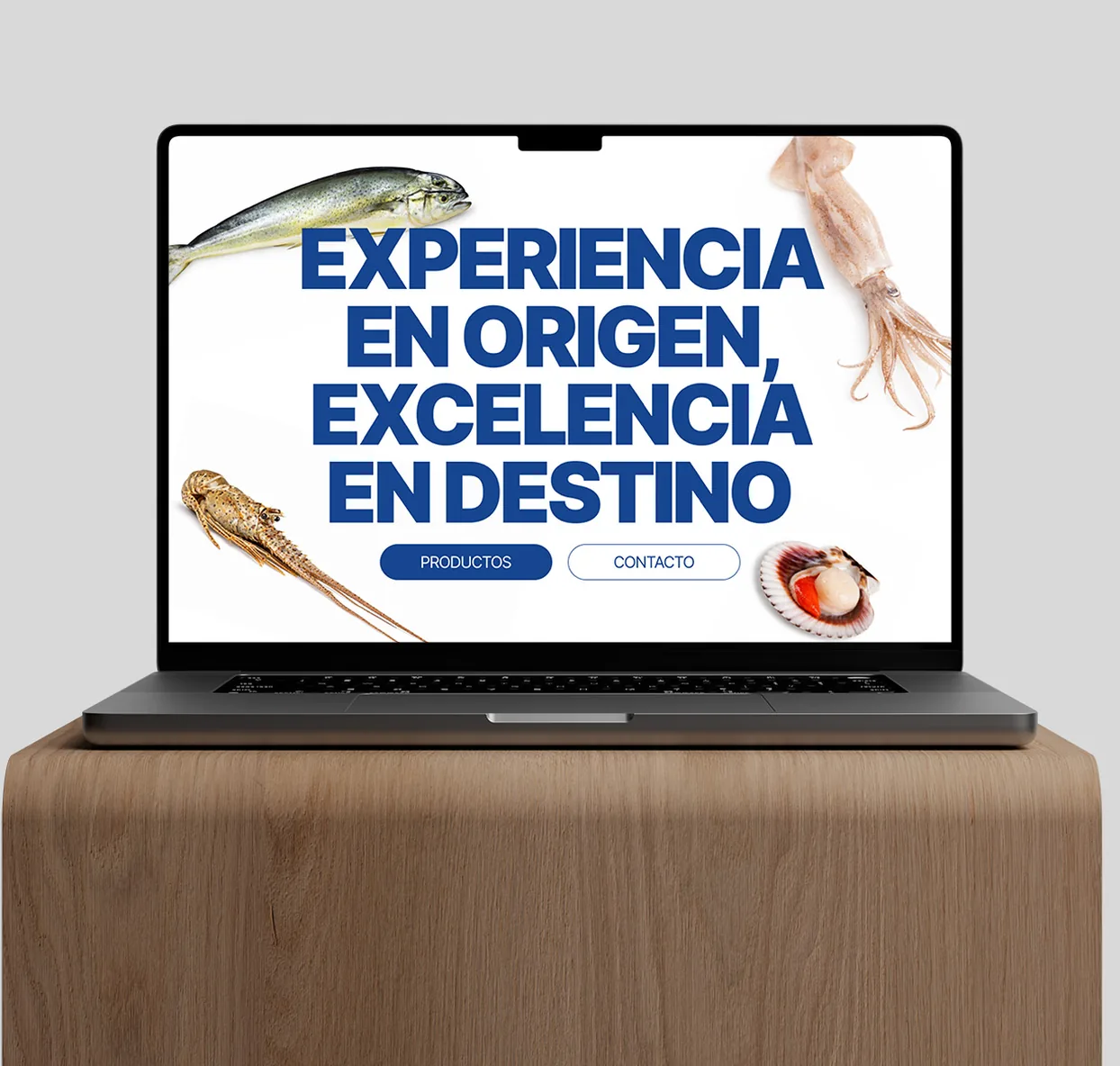 Portátil sobre una peana de madera con la página de inicio de Sabanamar: «Experiencia en origen, excelencia en destino»