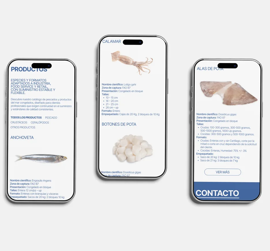 Tres móviles con el catálogo de productos de Sabanamar: anchoveta, calamar, botones y alas de pota