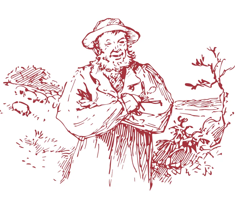 Ilustración en rojo de San Endrín, un hombre con sombrero y barba sonriendo en el campo