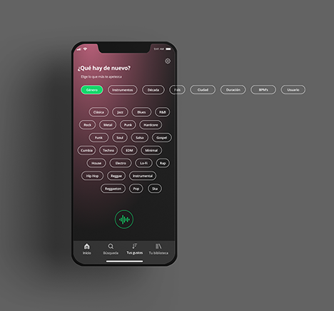 Teléfono móvil con la pantalla de selección de géneros musicales de la propuesta