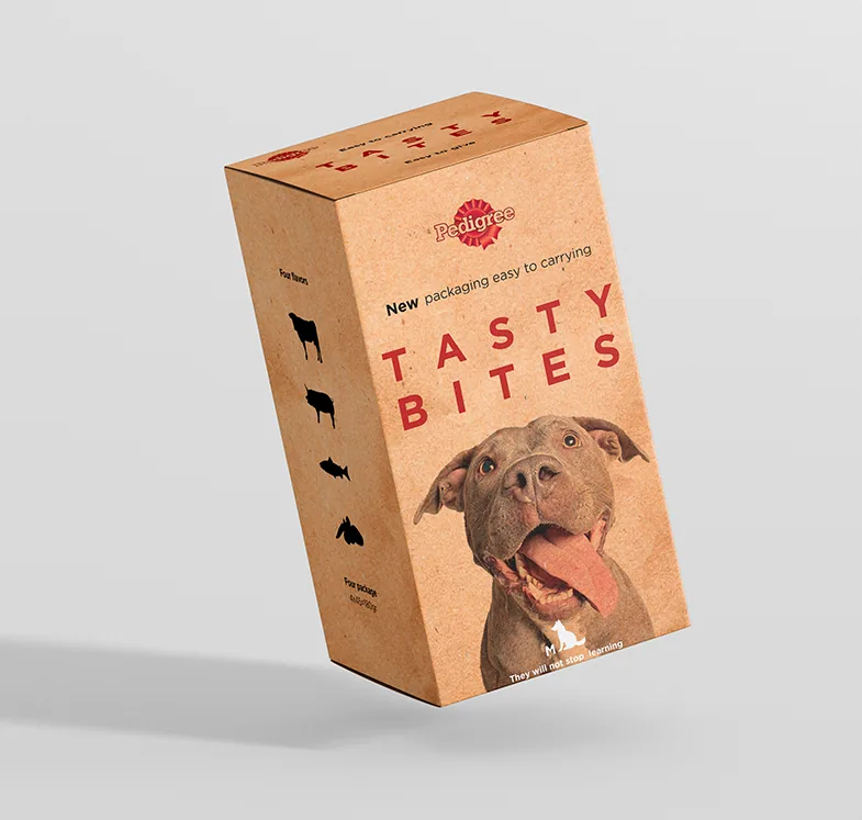 Caja del rediseño de Tasty Bites de Pedigree en cartón reciclado