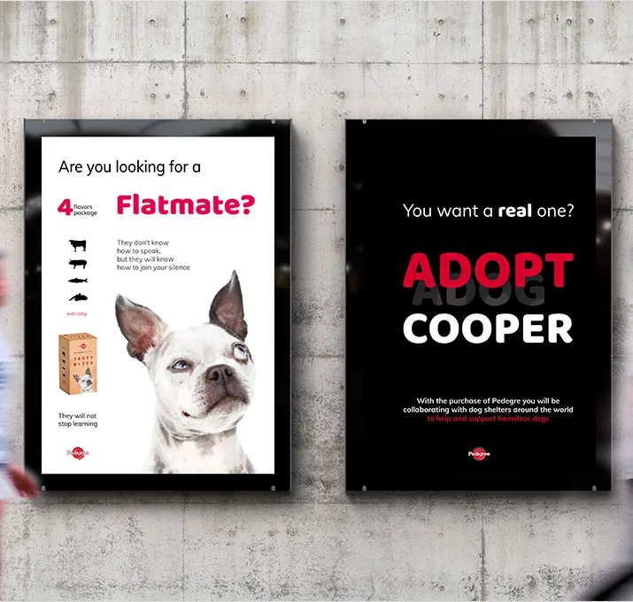 Dos carteles de la campaña de adopción de Tasty Bites: «Flatmate?» y «Adopt Cooper»