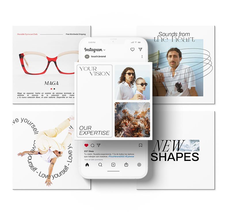 Piezas para redes sociales de Touch Brand con gafas e imágenes de campaña