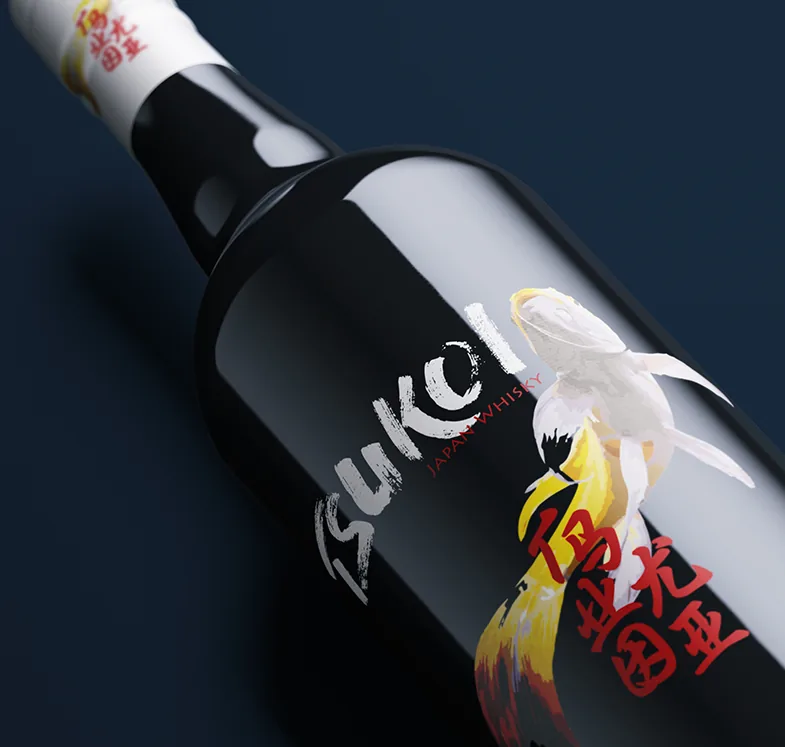 Botella de Tsukoi con una etiqueta ilustrada con un pez koi